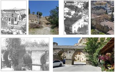 <p><strong>Resim 4.</strong> 1924 yılında fotoğraflanan Sinasosta yer alan kamusal  yapılar (sırasıyla hamam (yıkıldı), kilise ve köprü), 2019-2020 yıllarında yapılan alan çalışması esnasında  yapıların tespiti<br /> 	Kaynak: Balta, 2007. Alan çalışması: Serhat Ulubay,  Mustafapaşa (Sinasos), 2019-2020.</p>