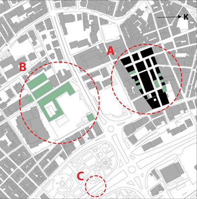 <p><strong>4. </strong>Duhan Çarşısı (A), Reji İdaresi (B) ve eski  Tütün İskelesinin (C) kent içindeki konumu </p>