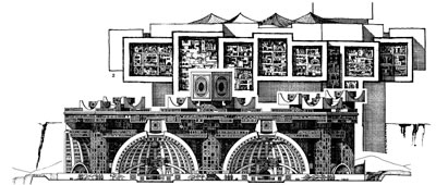 <p><strong>Resim 4.</strong> Soleri, Paolo, 1969, Arcosanti  Perspektif çizimi.<br /> 	Kaynak: “The  city in the image of man” The MIT Press, Cambridge Mass.</p>