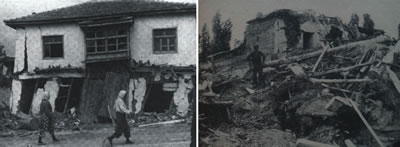 <p><strong>4. </strong>1971 depreminde hasar  gören köy evlerinden biri <br />  Kaynak: (soldaki)  Keightley, W.O., 1975, <strong>Destructive  Earthquakes in Burdur and Bingöl, Turkey-May 1971</strong>, National Research  Council, Natural Academy of Sciences, Washington D.C., s.44. (sağdaki)  Tezcan, Semih, Muzaffer İpek, Enver Altınok, 1971, “12 Mayıs 1971 Burdur  Depremi”, <strong>Burdur ve Bingöl Depremleri</strong>,  Çeltüt Matbaacılık, s.26.</p>