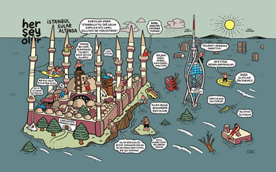 <p><strong>4.</strong> İstanbulda  gerçekleşen 2012 yılındaki başka bir sel felaketi ardından yapılan çizim,  karikatürist: Cem Dinlenmiş<br /> Kaynak: Temmuz 2012, <strong>Penguen</strong>, sayı:512. </p>