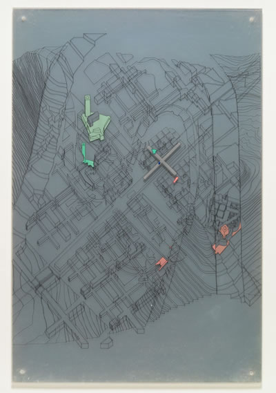 <p><strong>4a. </strong>Axonometric for Moving Arrows, Eros, and Other  Errors: Romeo ve Juliet  projesinin “aksonometrik perspektifini” gösteren çizimler, 1985. Bu çizimlerde,  Romeo ve Juliet versiyonlarında Verona nın izleri ile kimi gerçek parçaları bir  aradadır. <br /> Kaynak: Kanada Mimarlık Merkezi dijital arşivi<br />