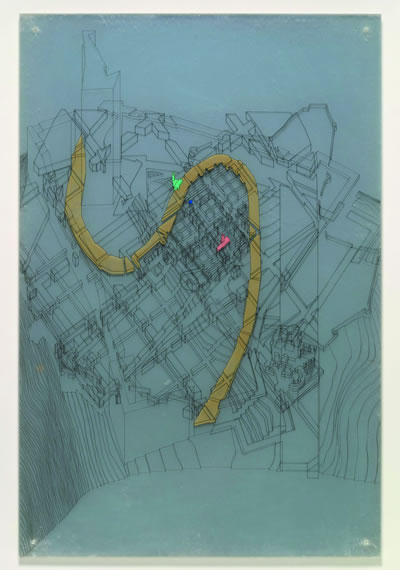 <p><strong>4b. </strong>Axonometric for Moving Arrows, Eros, and Other  Errors: Romeo ve Juliet  projesinin “aksonometrik perspektifini” gösteren çizimler, 1985. Bu çizimlerde,  Romeo ve Juliet versiyonlarında Verona nın izleri ile kimi gerçek parçaları bir  aradadır. <br /> Kaynak: Kanada Mimarlık Merkezi dijital arşivi<br />