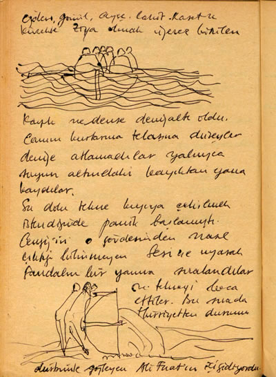 <p><strong>4b.</strong> 1982 Mavi Yolculuk defterinden sayfalar. Herkesin katkıda  bulunabileceği ortak yolculuk defterlerine notlar ve çizimler işlenmektedir.<br />   Kaynak:  SALT Araştırma, Cengiz Bektaş Arşivi.</p>