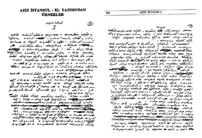 <p><strong>5.</strong> Yahya Kemalin el yazısından örnekler<br /> 	Kaynak: <strong>Aziz İstanbul</strong>, 1969.</p>