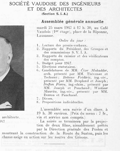 <p><strong>5.</strong> Jean Tschuminin Ali Mukadder Çizeri  S.I.A. ya tavsiyesini belirten dergi haberi<br /> 	Kaynak: 1947, “Les Communes  Vaudoises et la loi sur la Police des constructions”, <strong>Schweizerische Bauzeitung</strong>, sayı:65, s.694.</p>