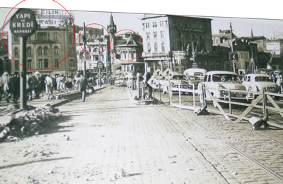 5. Denizcilik Bankası, Hasan Deposu, Karaköy Mescidi gibi yokolan yapılar görülmektedir, 1954. (Kaynak: Kayserilioğlu, R.S., 1999, Dersaadet’ten İstanbul’a Tramvay I, II, İETT Genel Müdürlüğü Yayınları, İstanbul, s.128.)