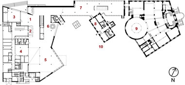 <p><strong>5.</strong> Turku Kent  Kütüphanesi Giriş Kat Planı (1. Giriş, 2. Danışma, 3. Stüdyo, 4. Çalışma  odaları, 5. Çocuk Bölümü, 6. Gençlik Bölümü, 7. Okuma Alanı, 8. Kafe, 9. Sanat  ve Edebiyat, 10.Kütüphane Avlusu. Eski Kütüphane Binası: 2.876 m² Eski İdare Binası:  315 m², Yeni Kütüphane  Binası: 5.447 m²)<br />  Kaynak: JKMM Architects Arşivi<strong></strong></p>