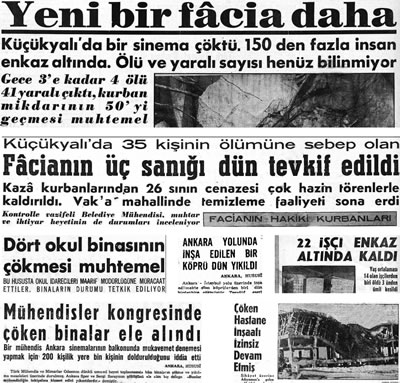 <p><strong> 5. </strong>1959  yılında çöken bazı binalar ile ilgili haberler.<br />Kaynak: Yukarıdan aşağıya  soldan sağa: <strong>Milliyet</strong>, 20.01.1959;  27.01.1959; 30.01.1959; 17.10.1959; 17.12.1959; 17.04.1959 ve 15.07.1959.</p>