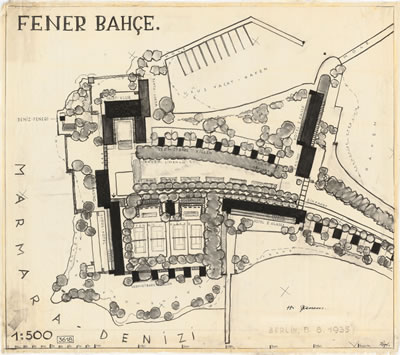 <p><strong>5.</strong> Fenerbahçe Yarımadası  spor ve rekreasyon merkezi (Sport-  und Erholungsstätte auf der Halbinsel Fener Bahce/Türkei), Hermann Jansen, 8  Ağustos 1935.<br />   Kaynak:  TU Berlin Architekturmuseum, Inv. Nr. 23403</p>