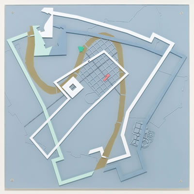 <p><strong>5a.</strong> Site plan for "Moving Arrows, Eros, and Other  Errors: Romeo ve Juliet  projesinin “arazi planını” gösteren çizimler, 1985. Bu “planlarda” Romeo ve  Juliet kalelerinin “ölçekleri kaçmış” şekilde, yerinden edilmiş Verona yı  kuşattıklarını izliyoruz. <br /> 	Kaynak: Kanada Mimarlık Merkezi dijital arşivi<br />