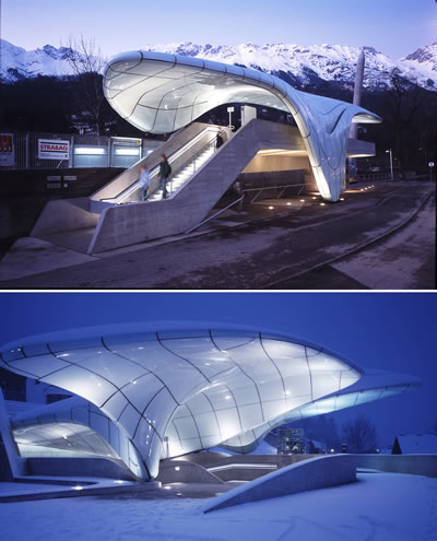 <p><strong>6. </strong>Hadid Mimarlık “Nordpark Cable Railway”, Farklı  istasyonlara benzer tasarım fikrinin uygulanması.<br />Kaynak: www.patrikschumacher.com/Texts/The%20Parametricist%20Epoch_Lets%20the%20Style%20 Wars%20Begin.htm [Erişim: 01.10.2015]