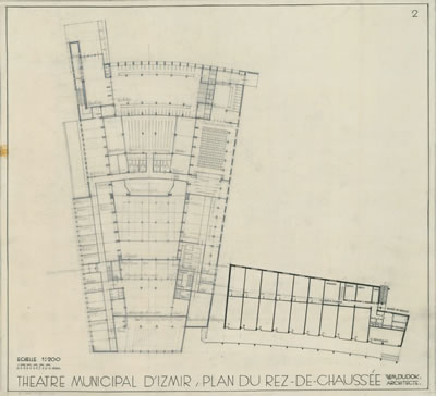 <p><strong>6b.</strong> Dudokun İzmir Belediyesi Tiyatrosu için Hollandada yaptığı çizimler  (perspektif, zemin ve giriş kat planları, görünüşler), 1954<br />   Kaynak: Stadsschouwburg  Izmir Turkije (ontwerp W.M. Dudok), NAi/DUDO 195K.34, 195M.101, Het Nieuwe  Instituut, Rotterdam. </p>