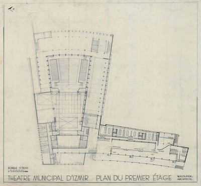 <p><strong>6c.</strong> Dudokun İzmir Belediyesi Tiyatrosu için Hollandada yaptığı çizimler  (perspektif, zemin ve giriş kat planları, görünüşler), 1954<br />   Kaynak: Stadsschouwburg  Izmir Turkije (ontwerp W.M. Dudok), NAi/DUDO 195K.34, 195M.101, Het Nieuwe  Instituut, Rotterdam. </p>