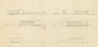 <p><strong>6d.</strong> Dudokun İzmir Belediyesi Tiyatrosu için Hollandada yaptığı çizimler  (perspektif, zemin ve giriş kat planları, görünüşler), 1954<br />   Kaynak: Stadsschouwburg  Izmir Turkije (ontwerp W.M. Dudok), NAi/DUDO 195K.34, 195M.101, Het Nieuwe  Instituut, Rotterdam. </p>