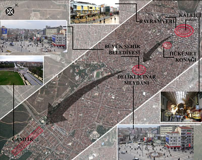 <p><strong> 7. </strong>Denizli’nin güney  aksı boyunca gelişen üç ana kent merkezi.<br />Kaynak: Google Earth haritası üzerine yazarlar tarafından  işlenmiştir.</p>