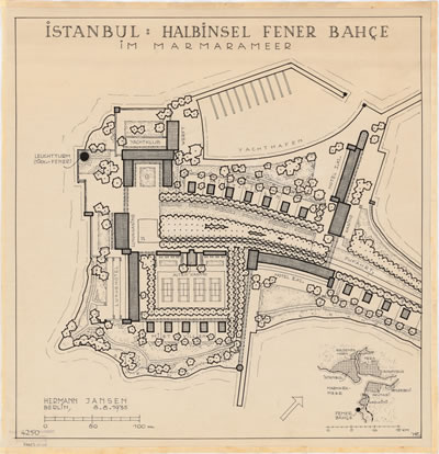 <p><strong>7.</strong> Fenerbahçe  Yarımadası spor ve rekreasyon merkezi (Sport- und Erholungsstätte auf der Halbinsel Fener Bahce /  Türkei), Hermann Jansen, 8 Ağustos 1935.<br />   Kaynak: TU Berlin  Architekturmuseum, Inv. Nr. 23405</p>