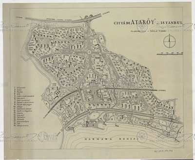 <p><strong>7.</strong> Ataköy kent  planı ve kuzeyde Londra-İstanbul Otoyolu ile ilişkisi, 1956-59<br />   Kaynak: Luigi Piccinato Arşivi, ALP-01.02-179, www.archivioluigipiccinato.it  adresinden erişilmiştir.</p>