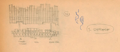 <p><strong>Resim 7a.</strong> Erzurum Atatürk  Üniversitesi Mühendislik Mimarlık Yüksekokulu Yarışması, Önalın  1. Ödül alan projeyi değerlendirme krokisi, projenin maket fotoğrafı ve kat planı<br />Kaynak: Maruf Önal Arşivi, Mimarlar  Odası İstanbul Büyükkent Şubesi Şener Özler Arşiv ve Dokümantasyon Merkezi<br />