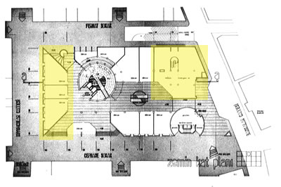 <p><strong>7a.</strong> Zemin kat planı (dükkânlar ve banka  sarı renk ile işaretlenmiştir)<br />  Kaynak: 1987, <strong>Mimarlık</strong>, sayı:226, ss.68-77</p>