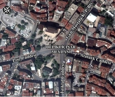 <p><strong>8.</strong> Delikliçınar Meydanı<br />Kaynak: Google Earth haritası üzerine yazarlar tarafından  işlenmiştir.</p>