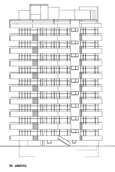 <p><strong>8. </strong>Kaplancalı  Apartmanı ön görünüş (Y. Mimar Kemal Tokgözün çizdiği rölöve projesi, 1985)<br />  Kaynak:  Kadıköy Belediyesi İmar Müdürlüğü  Arşivi</p>