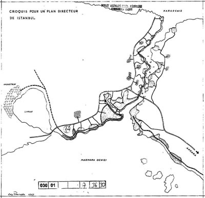 <p><strong>8.</strong> Luigi  Piccinatonun 1957 tarihli İstanbul Nazım Plan Krokisinde İstanbul-Londra Yolu  (colonne vertebrale)<br />   Kaynak: Türkiye Cumhuriyeti Başbakanlık Arşivleri  (Cumhuriyet Arşivleri, Ankara), Kod:30-1-0-0, Yer No:7-36-30-3</p>