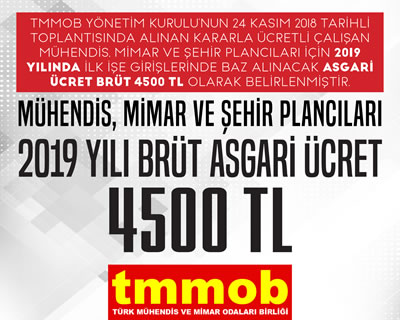 <p><strong>8.</strong> TMMOB tarafından  her yıl belirlenen mimar, mühendis ve şehir plancıları için geçerli olacak  asgari brüt ücret, 2019 yılı için 4.500 TL olarak duyuruldu.</p>