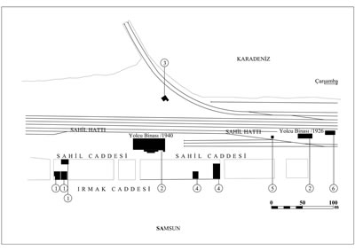 <p><strong>8. </strong>Samsun  İstasyon yerleşkesi, yolcu binası ve yakın çevresi: 1) lojmanlar, 2) yolcu  binası, 3)  makasçı evi, 4) idare binası,  5) tuvalet, 6) ambar</p>