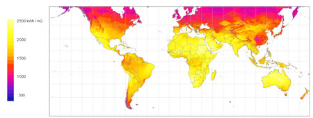 9. Dünyada güneş radyasyon kazancı haritası (kWh/m2) (Kaynak: Meteonorm, 2009)