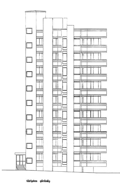 <p><strong>9. </strong>Kaplancalı  Apartmanı girişten görünüş (Y. Mimar Kemal Tokgözün çizdiği rölöve projesi,  1985)<br />  Kaynak:  Kadıköy Belediyesi İmar Müdürlüğü  Arşivi</p>