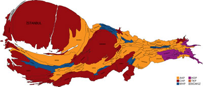 <p><strong>9. </strong>Partilerin Kazandığı  İllerin GSYH Ağırlığının Kartogram Haritası ile Gösterimi,  Kaynak: AA, TÜİK</p> Aytaç Paçalın Çalışması<br />Görsel: Aytaç Paçal, twitter.com/aytacpacal <br />