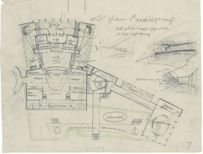 <p><strong>9b.</strong> İzmir Belediyesi Tiyatrosu için üretilen kubbeli tasarım, 1954<br />   Kaynak: Stadsschouwburg  Izmir Turkije (ontwerp W.M. Dudok), NAi/DUDO 195K.34, 195M.101, Het Nieuwe  Instituut, Rotterdam. </p>