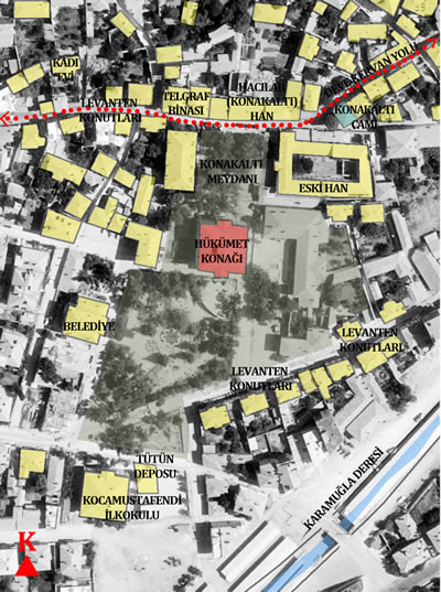 <p><strong>Plan  2. </strong>19.  yüzyıl sonunda Konakaltı Meydanı, Osmanlı dönemi Hükümet Konağı ve çevresi;  Kaynak: Yazara aittir.<strong></strong></p>