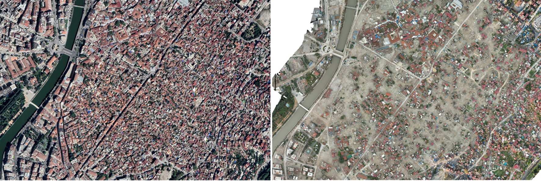 1. Antakya Kentsel Sit Alanının 2021 Eylül hava fotoğrafı ve Enkaz kaldırma süreçleri sonrası 2023 Aralık hava fotoğrafı. <b>Kaynak:</b> Google Earth Pro 7.3.2, 2021; Kenan Kantarcı arşivi.