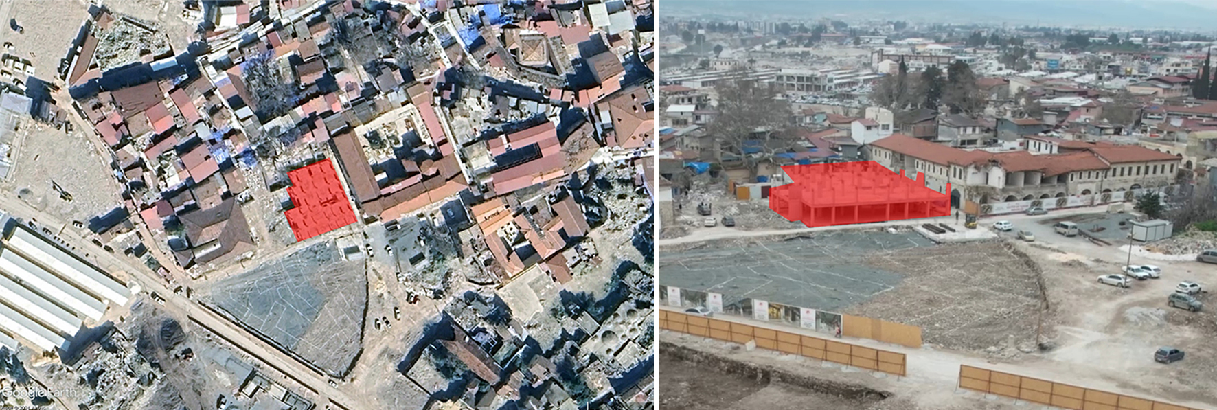 2. Geleneksel çarşı bölgesinde uygulaması yapılan yapının hava fotoğrafı ve perspektif görünümü. <b>Kaynak:</b> Google Earth Pro 7.3.2, 2024; Kenan Kantarcı kişisel arşivi, 2024.