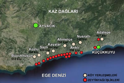 Harita 1. Ayvacık-Küçükkuyu’daki köy yerleşmeleri ve sahil bandında bulunan eski zeytinyağı işliklerinin konumları.