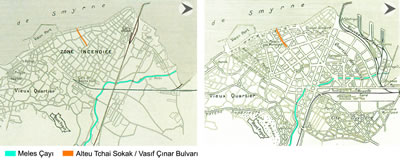 <p><strong>Harita  8. </strong>Alsancak  bölgesinin yangından önceki (1922) dokusu ile yangından sonra yapılan planlama  çalışmalarında (1925) öngörülen dokuda Meles Çayı, Alteu Tchai Sokak ve Vasıf  Çınar Bulvarı. <br />  Kaynak: Atay,  1998. </p>