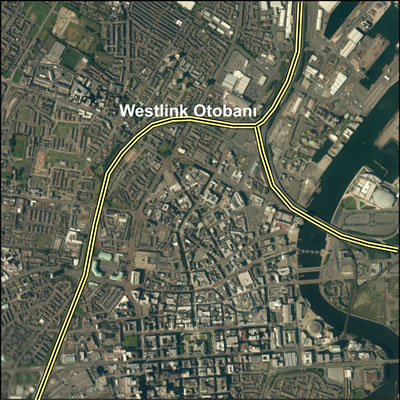 <p><strong>Harita 3. </strong>Westlink  Otobanı ve kent merkezi<br />Kaynak:  ESRI Imagery, 2014 </p>