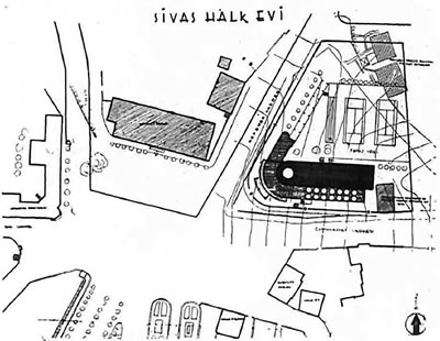 <p><strong>Plan  1.</strong> Sivas Halkevi  Vaziyet Planı<br />  Kaynak: İsimsiz, 1939, s.65.</p>