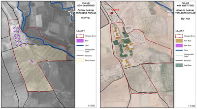 <p><strong>Resim 12.</strong> Pulur Köy Enstitüsü yerleşkesinin özgün  ve mevcut durum analizleri<br /> 	Kaynak: Yeşiltepe, 2022.  Özgün yerleşke analizi Harita Genel Müdürlüğünden edinilen 1947 tarihli hava  fotoğrafından yararlanılarak; güncel yerleşke analizi ise Google Earth  üzerinden elde edilen 2021 tarihli hava fotoğrafından yararlanılarak  Ayşe Deniz Yeşiltepe tarafından  hazırlanmıştır.</p>