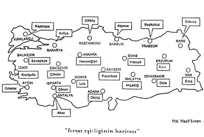 <p><strong>Şekil 1.</strong> Yirmi bir Köy Enstitüsünün  Türkiye haritası üzerinde dağılımı<br />(Kaynak: Mimarlar  Odası Ankara Şubesi Arşivi)</p>