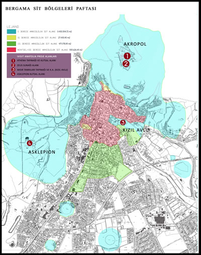 <p><strong>Şekil 1.</strong> 1/5000 ölçekli Bergama  Sit Bölgeleri Paftası üzerinde, i Visit Anatolia proje alanları gösterilmiştir.<br />Kaynak: Bergama Belediyesinden Fatih Kurunaz tarafından hazırlanmıştır.</p>